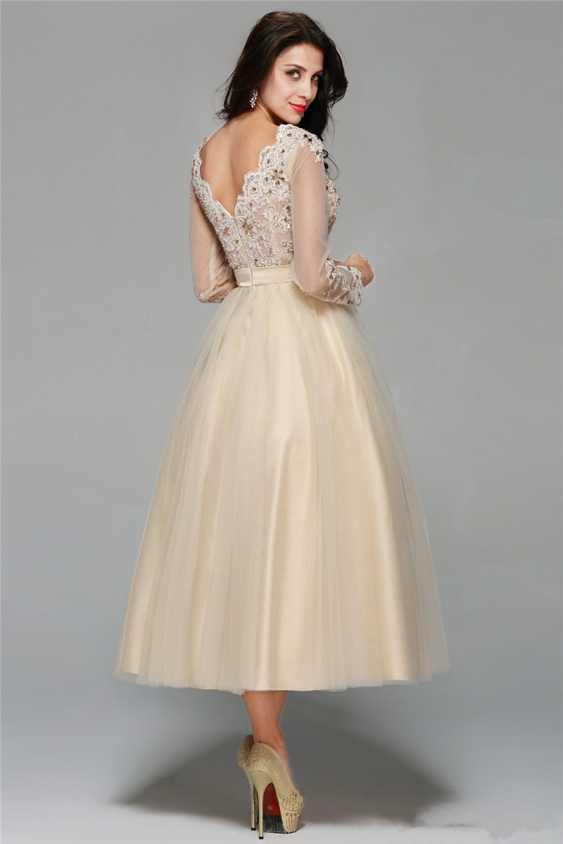 2017 Fashion Crystal Lace V-Neck Backless A-Line Formal Evening Dresses With Appliques Tea-Length Plus Size Prom Party Celebrity Gowns BE11