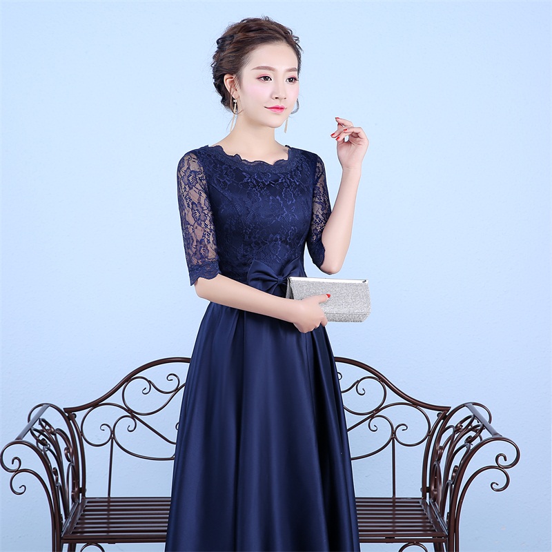New Navy Blue Evening Dresses with Half Sleeve Elegant High Neck Satin Bride Gown 2017 Ball Prom Party Homecoming/Graduation Formal Dress
