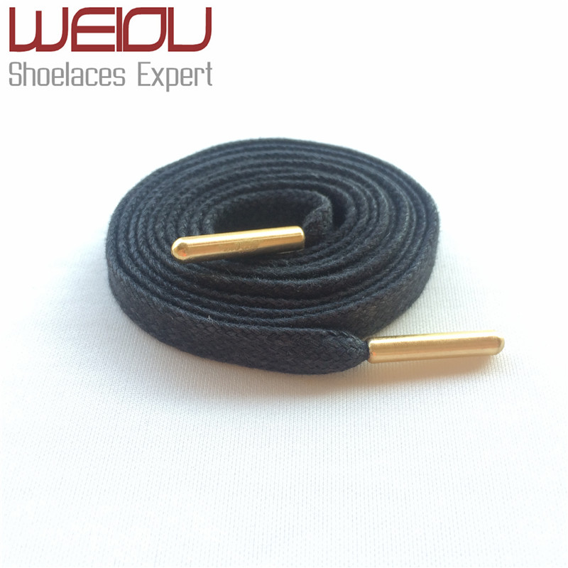 Weiou flat cotton waxed bootlaces custom length shoe laces string for work boots with Gold metal tips