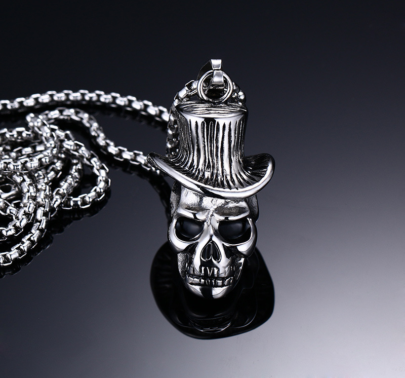 Men's Skull Wind Hat Gentleman Rock & Roll Cowboy Pendant Necklace Stainless Steel Vintage Punk Halloween Jewelry with 24inch PN-146