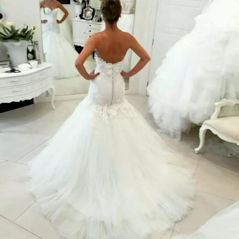 New Open Back Mermaid Wedding Dress Lace 3D Appliques Beaded Sweetheart Bridal Dresses Elegant Wedding Gowns Casamento Button Real