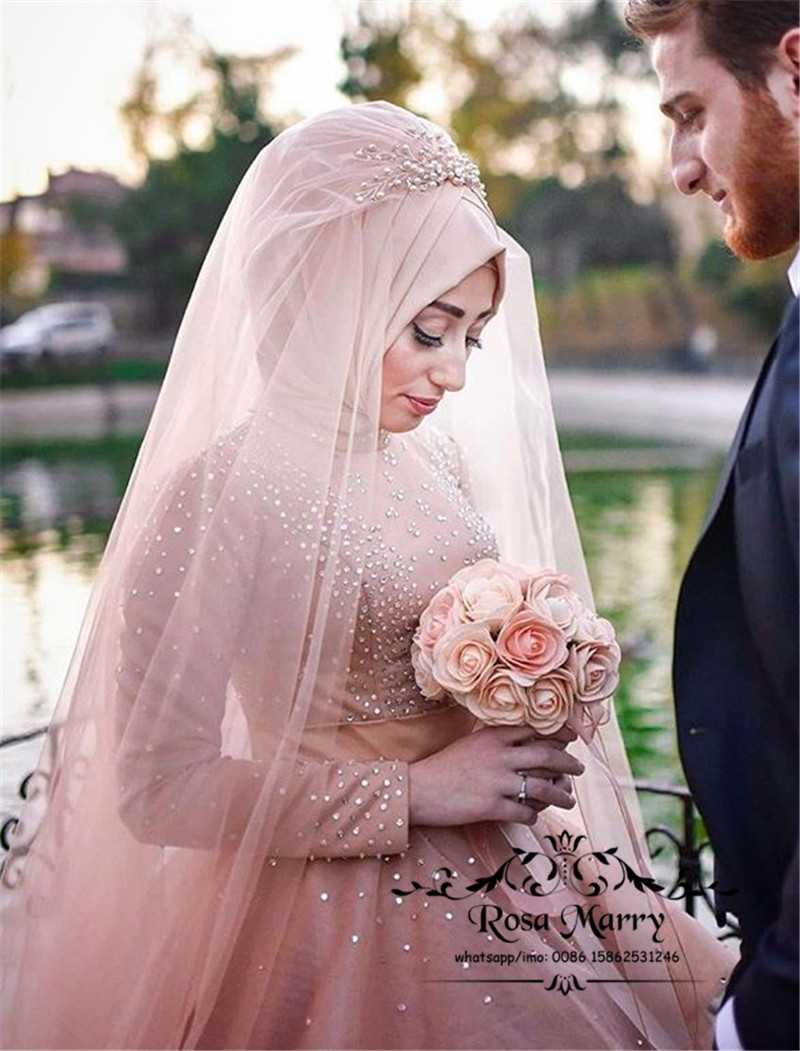 Blush Pink Crystals Country Islamic Wedding Dresses 2020 A Line High Neck Long Sleeves Hijab Muslim Turkish Tiered Skirt Monique Bridal Gown