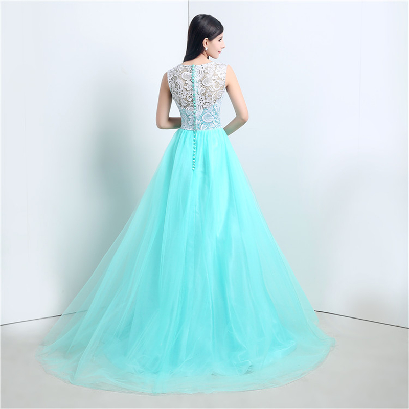 new stock long tulle mint prom dresses with scoop appliques party formal evening gowns qc241