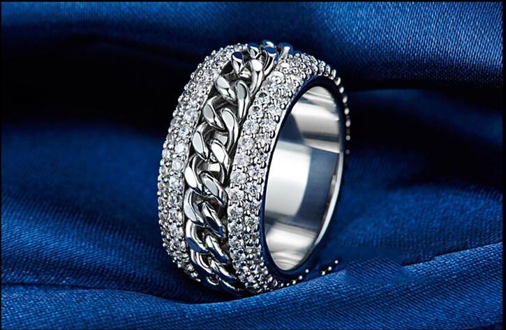 Size 5-11 Brand Desgin Vintage Jewelry Rotatable chain Double row drill 925 Sterling Silver 5A CZ Diamond Gemstones Women Wedding Ring Gift