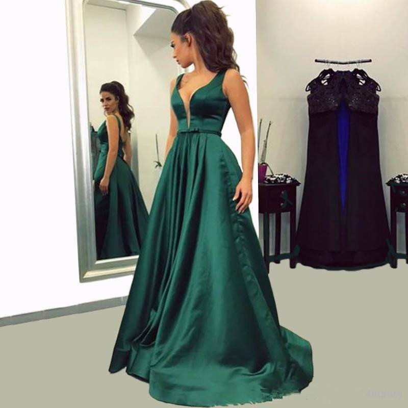 Hunter Green Prom Dresses 2020 Deep V Neck Satin Floor-Length Long Dresses Party Evening Wear Open Back Vestido De Festa Prom Dress Gowns