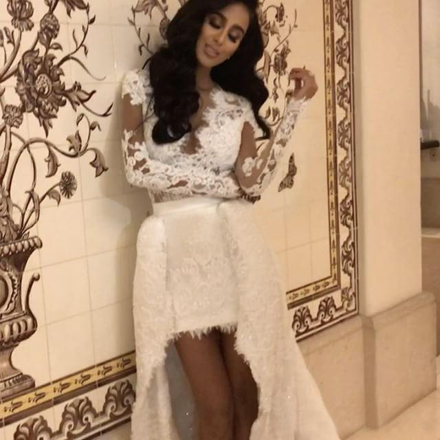 2017 Modest Long Detachable Skirt Train Lace Short Wedding Dresses Beach Cheap V Neck High Low Bridal Gowns Custom Made EN5111
