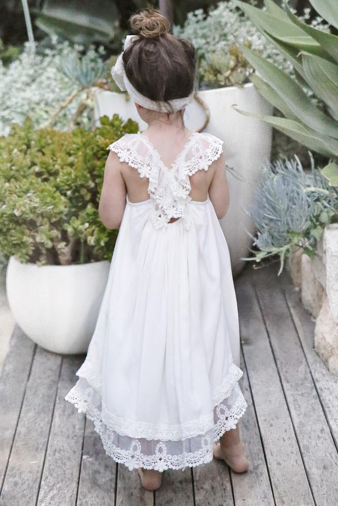 New 2017 Ivory Chiffon Tea Length Boho Beach Country Flower Girl Dresses For Weddings Cheap Square Lace Girls Casual Dress Custom EN7271