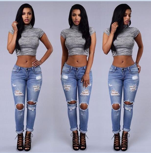 Wholesale- Boyfriend Hole Ripped Women Cool Denim Vintage Straight For Girl High Waist Casual Pants Female Slim Jeans Free shipping