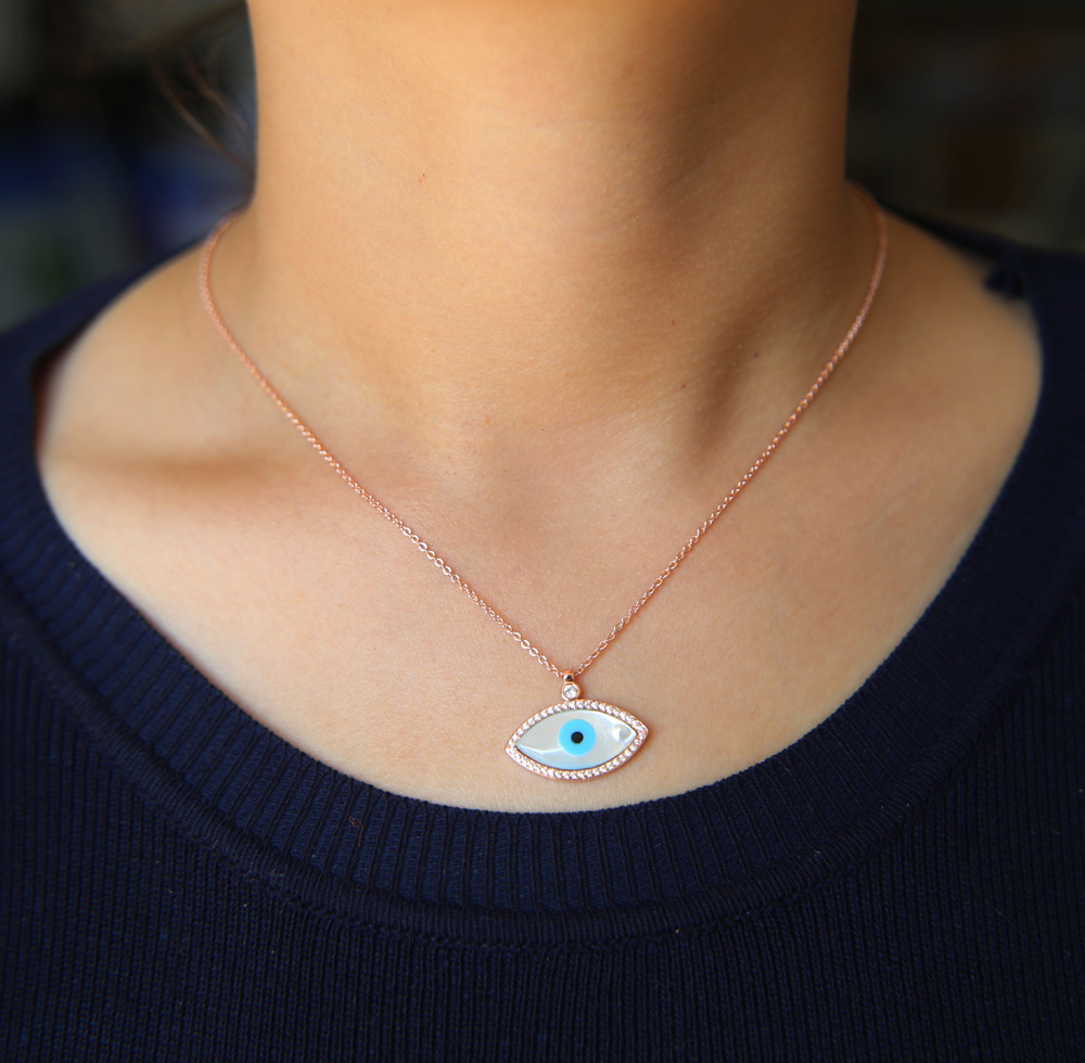 factory wholesale fashion jewelry big pendant mother of pearl evil eye charm pave cz delicate turkish evil eye necklace