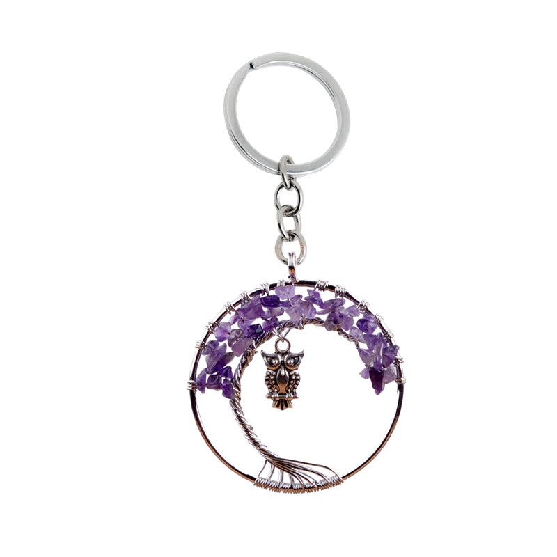 12pc/set New Life of Tree Crystal Keychain Owl Chakra Stone Black Onyx llavero Rainbow Natural Stone Wisdom Tree key chain for fahion