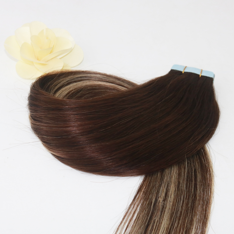 Evermagic 20pcs 50g Two Tone Color#3 Fading to #24 Mixed Honey Blonde Colorful Highlight Balayage Seamless Tape in Human Hair Extensions