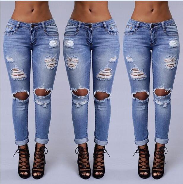 Wholesale- Boyfriend Hole Ripped Women Cool Denim Vintage Straight For Girl High Waist Casual Pants Female Slim Jeans Free shipping