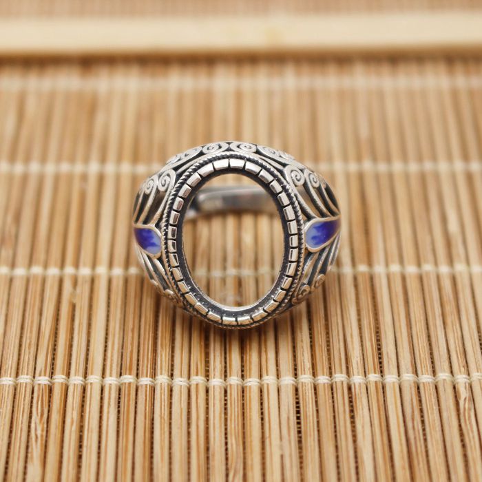 Fine Silver Sterling Silver 925 Cloisonne Enamel 12x16mm Oval Cabochon Semi Mount Ring
