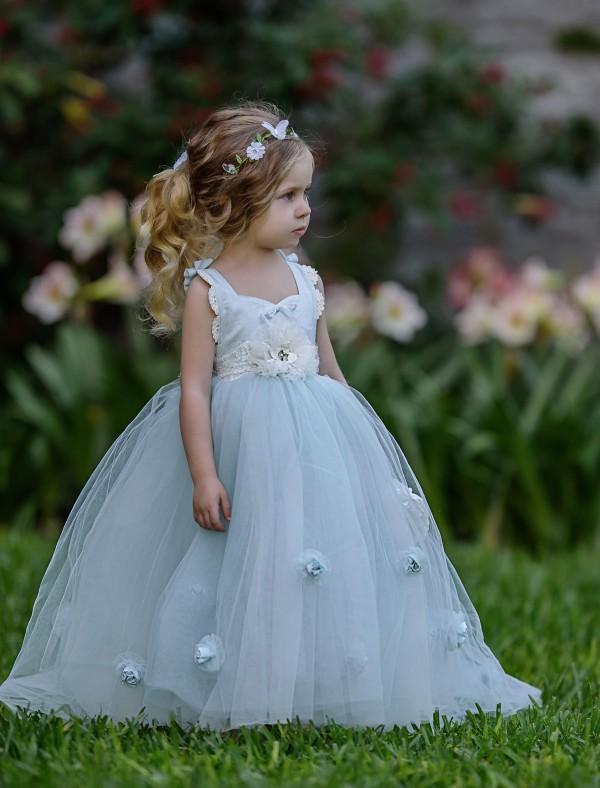 3D Floral Appliques Flower Girls Dresses Open Back Communion Dress Sweep Train Ball Gown Princess Gowns