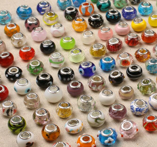 Whole 50pcslot Big Hole Beads for European Bracelet Lamwork coloured glaze DIY Charms Fit Beaded Bracelets Mix