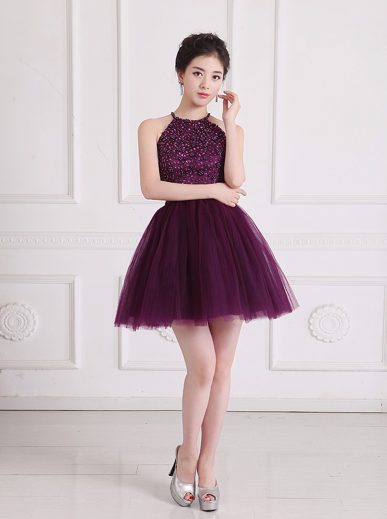 Free Shipping Pretty Halter Purple Keyhole Back Beading Short Prom Dresses Vestido De Festa Girls Party Dress Homecoming Dress