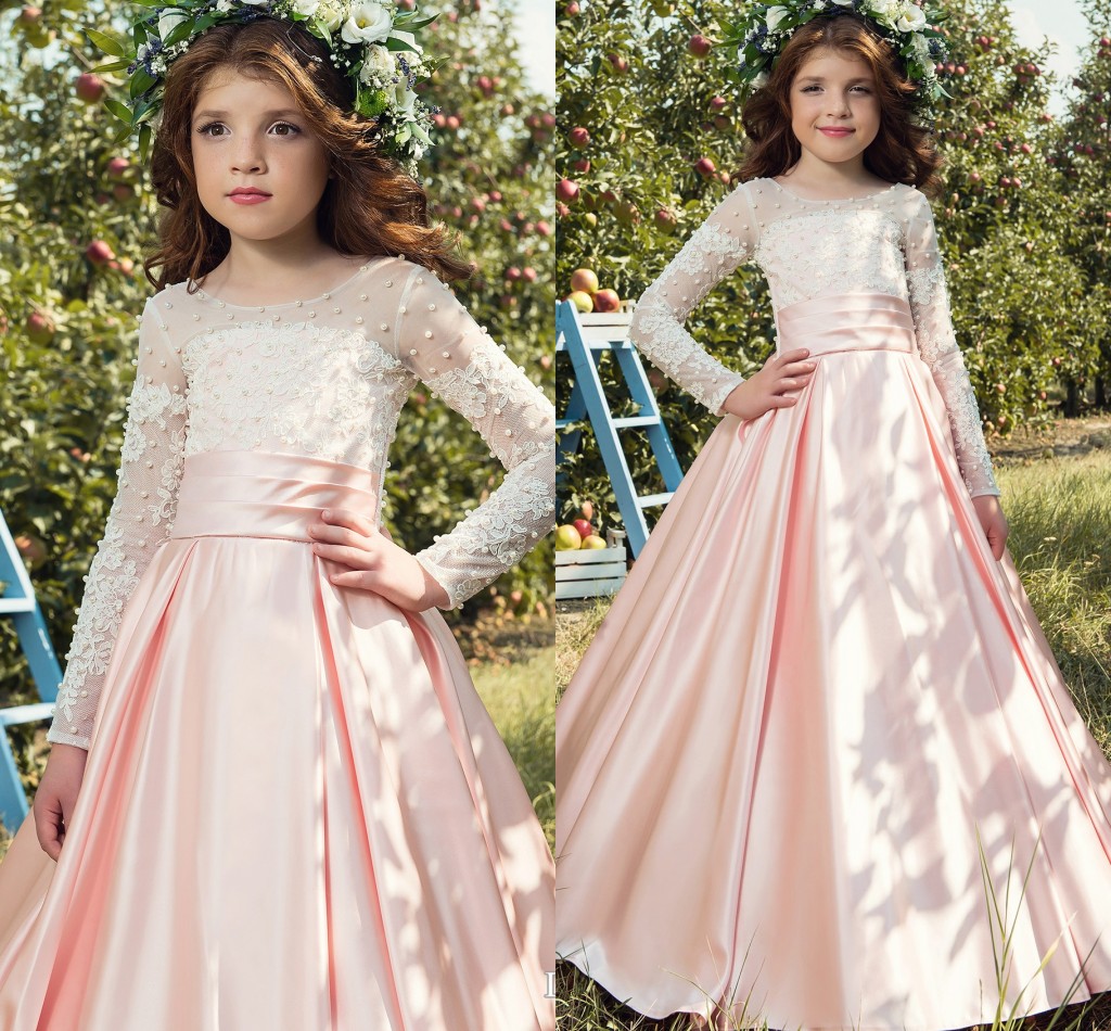 pearls lace arabic flower girl dresses satin long sleeves ball gown child wedding dresses vintage little girl pageant dresses fg16