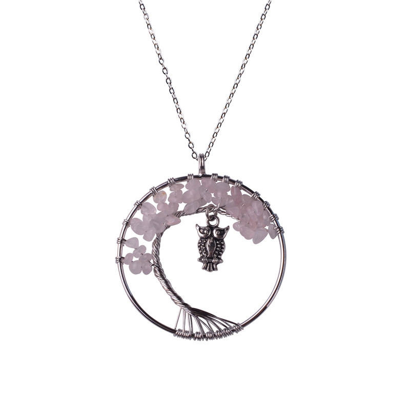 2018 12pc/set Handmade Rainbow Chakra Owl Tree of Life Necklace Multicolor Amethyst Rose Quartz Wisdom Tree Natural Stone Collier Necklace