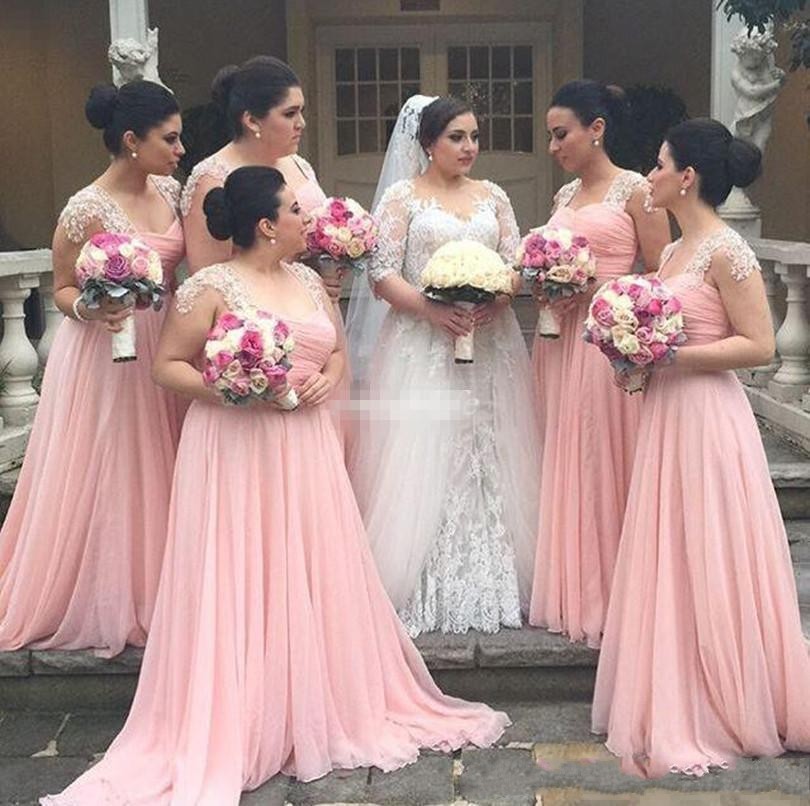 Pink A Line Bridesmaid Dresses Sweetheart Long Chiffon Bridesmaid Gowns For Young Girls with Lace Pleat Wedding Guest maid of Honor Dresses