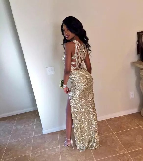 Sexy Gold Sequins Arabic Prom Party Dresses V Neck High Slit Mermaid Backless Plus Size Cheap African Evening Wear Gowns Real Picture