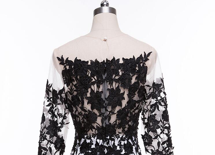 Sexy White and Black Evening Dresses Illusion Sheer Neckline Long Sleeves Chiffon Tulle Floral Applique Sweep Train Prom Dress Plus Size