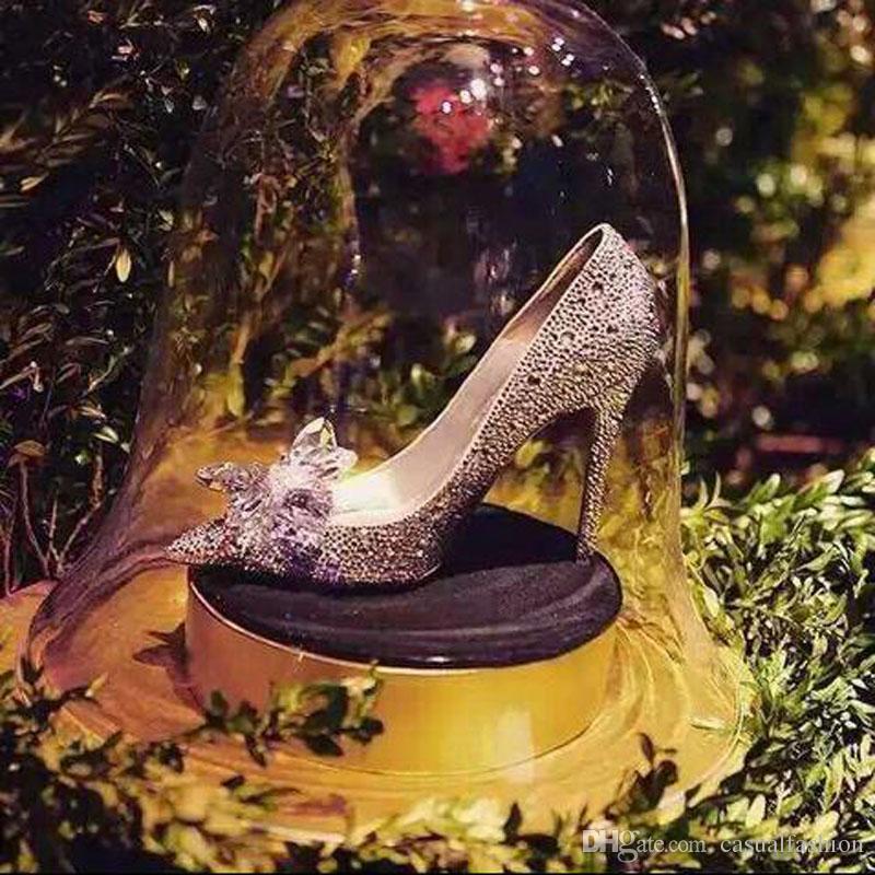 New Luxurious Cinderella Silver High Heels Crystal Summer Wedding Bridal Shoes Pointed Toe Thin Heel Rhinestone Butterfly BlingBling Shoes