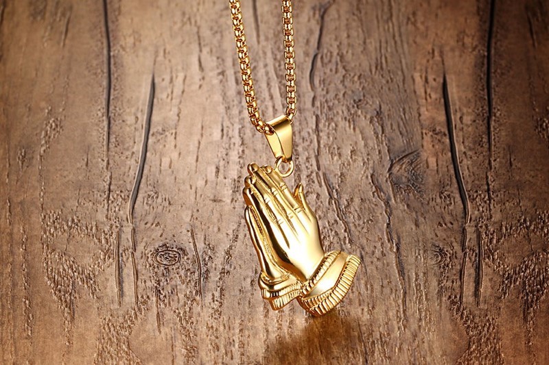 Men Gold Tone PRAYER Hand Pendant Necklaces Stainless steel Jewelry with 24" Chain PN-675