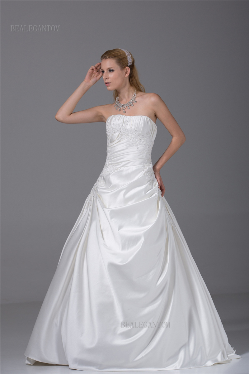 newest elegant strapless satin wedding dresses aline embroidery appliques beaded plus size wedding party bridal gowns bm45