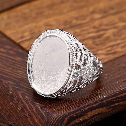 Art Nouveau 14x19mm Oval Cabochon Engagement Wedding Semi Mount Ring Silver 925 Art Deco Vintage Antique Ring Setting
