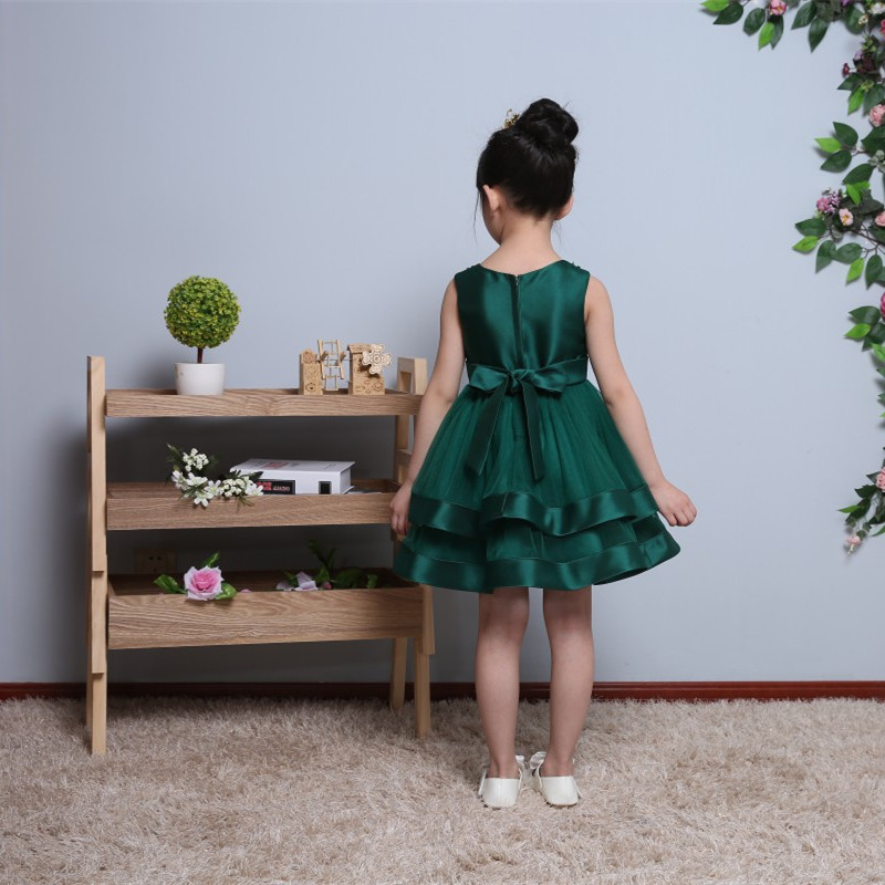 2017 Puffy Green Tulle Flower Girl Wedding Party Dresses Sequin Bow Ball Gown First Communion Dresses 1 Year Birthday Baptism Dresses