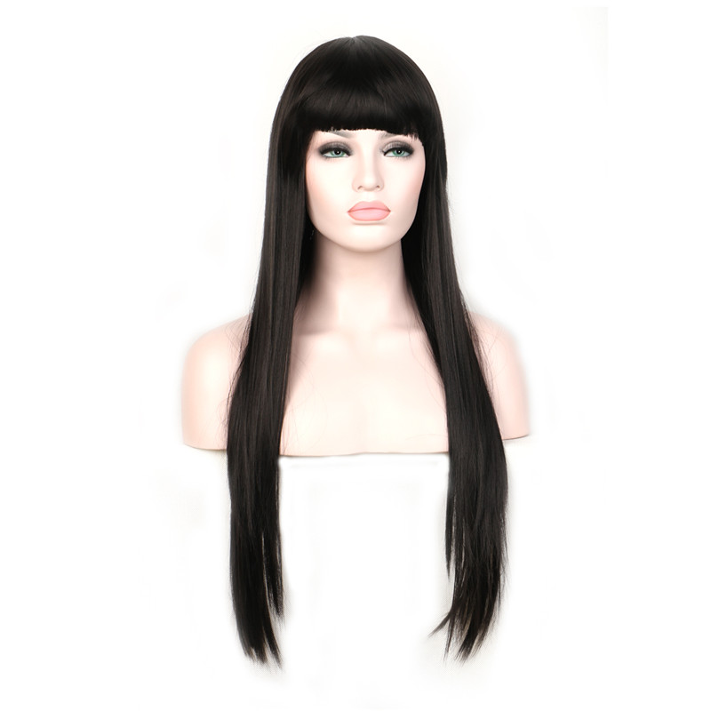WoodFestival long straight hair wigs heat resistant synthetic fiber burgundy black brown flax wig with bangs 70cm realistic sof women