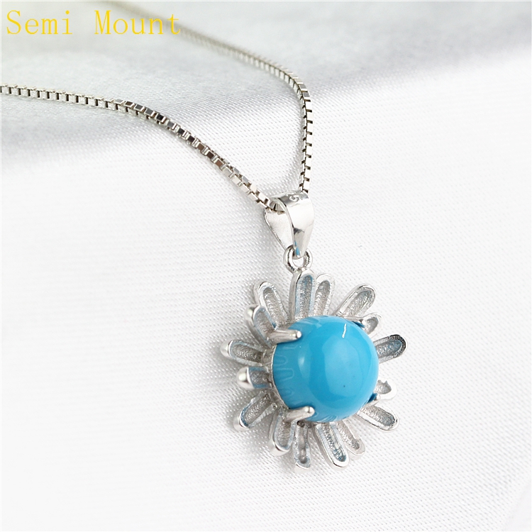 Sterling Silver 925 Flower Trendy Women Semi Mount Pendant Gold Plated 8mm Round Cabochon Amber Agate Setting fit Pandora Style Necklace