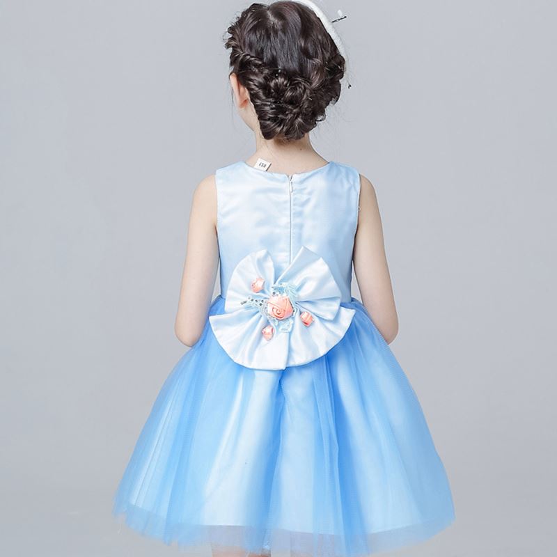 summer 2017 New Princess birthday party Dress 4-12T Blue Color Flower Girls Dress For Wedding Children's Clothing for Teenager Girls
