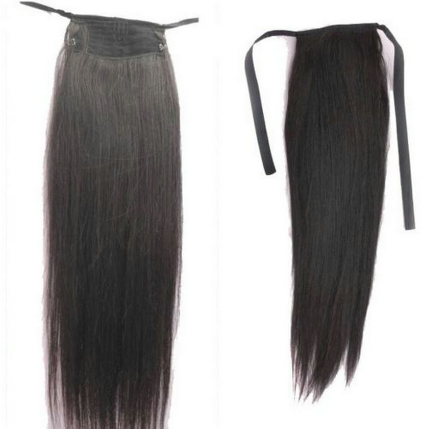 Wholesale cheap malaysian hair clip in hair ribbob wrap around straight poney tail hairpieces real hair tail extension 100g free ship