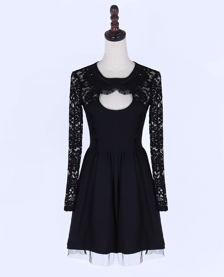 Cheap Black Lace Sexy Sheer Evening Dresses Hollow Back Short Party Prom Dresses with Long Sleeves Real Sample Cocktail Party dress