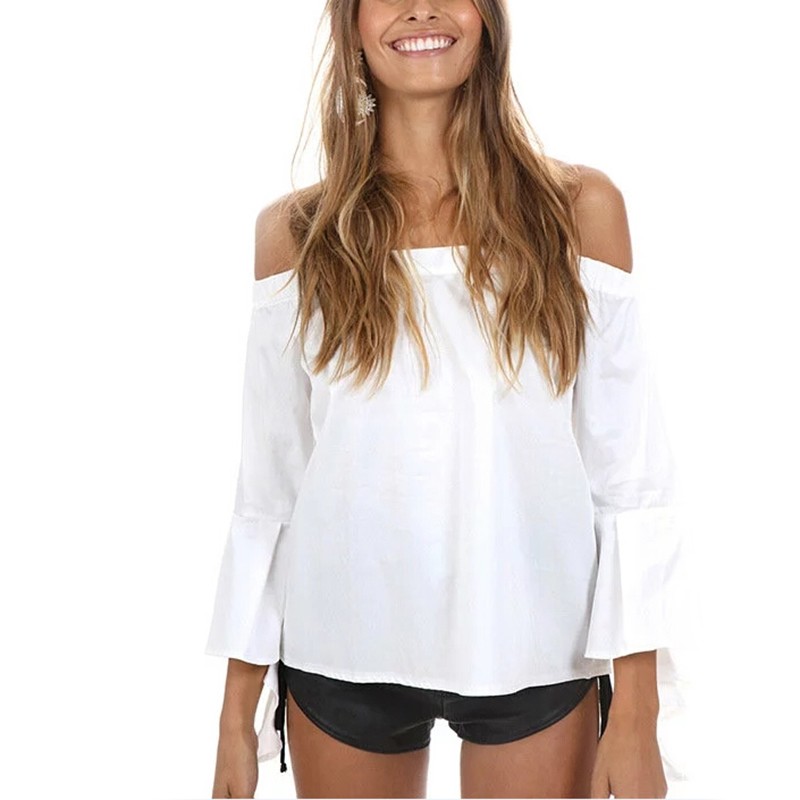 

Women sexy slash neck butterfly sleeve shirts off shoulder ruffles three quarter sleeve blouse summer casual tops blusas, White