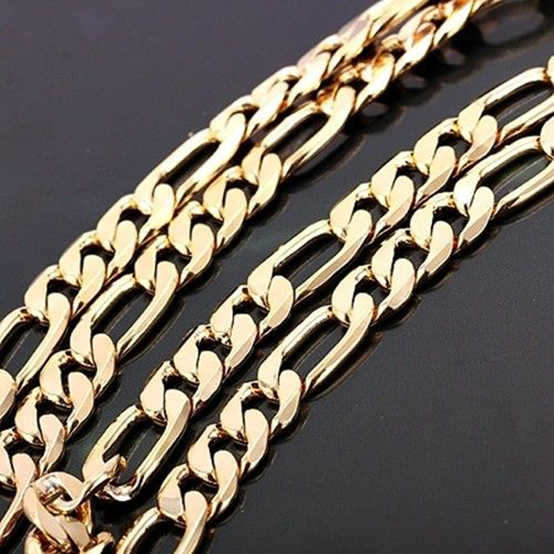 Mens 24k Solid Gold GF 8mm Italian Figaro Link Chain Necklace 24 Inches