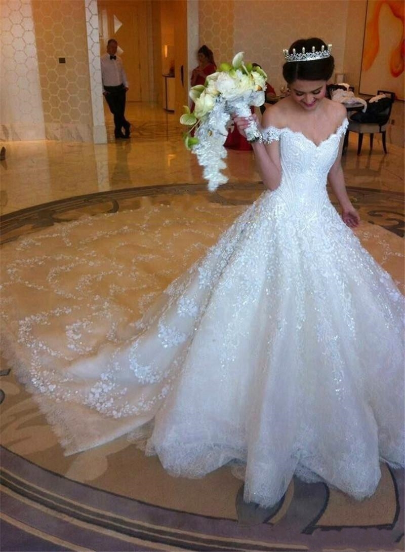 Off The Shoulder Arabic Ball Gown Full Lace Wedding Dresses Beaded Long Chapel Train Formal Church 3D Floral Sexy Backless Bridal Gowns