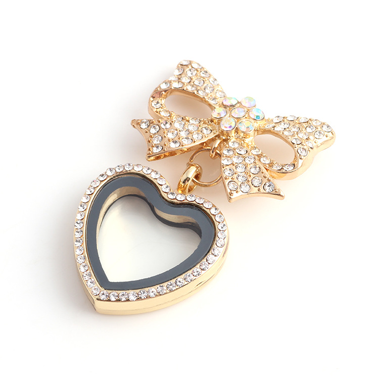 Hot Heart Bowknot floating locket with Diamond Crystal pendants charm lockets For DIY Personality retro Necklaces