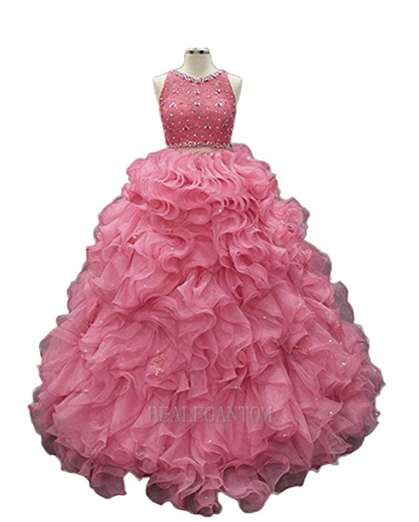 real photo ruffles long ball gown two pieces quinceanera dresses with organza beaded plus size prom pageant debutante party gown bm07