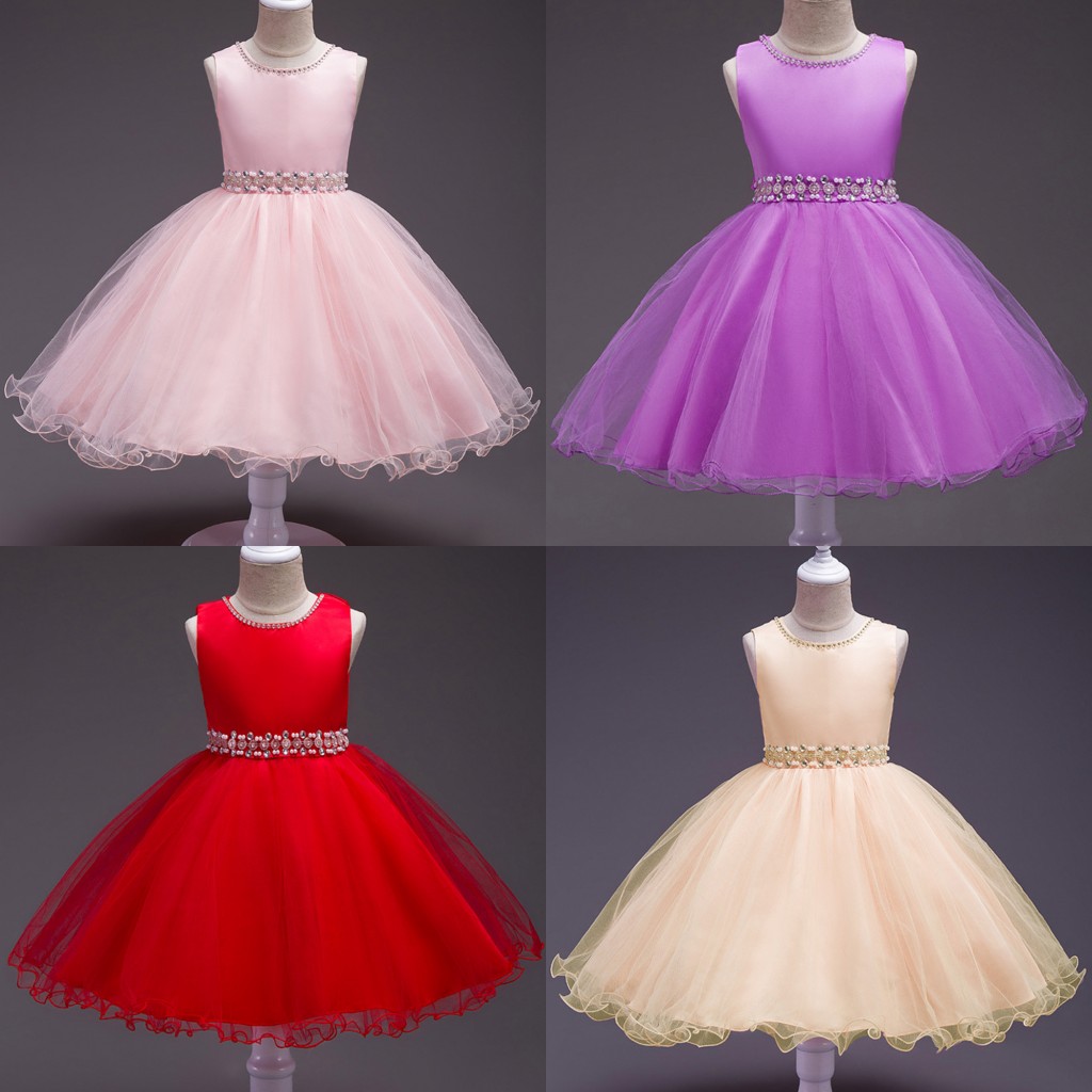 Stock Beaded Crystal Pink Pageant Dresses for Kids Jewel Neck Short First Communion Dresses Wholesale Birthday Party Dresses MC1044