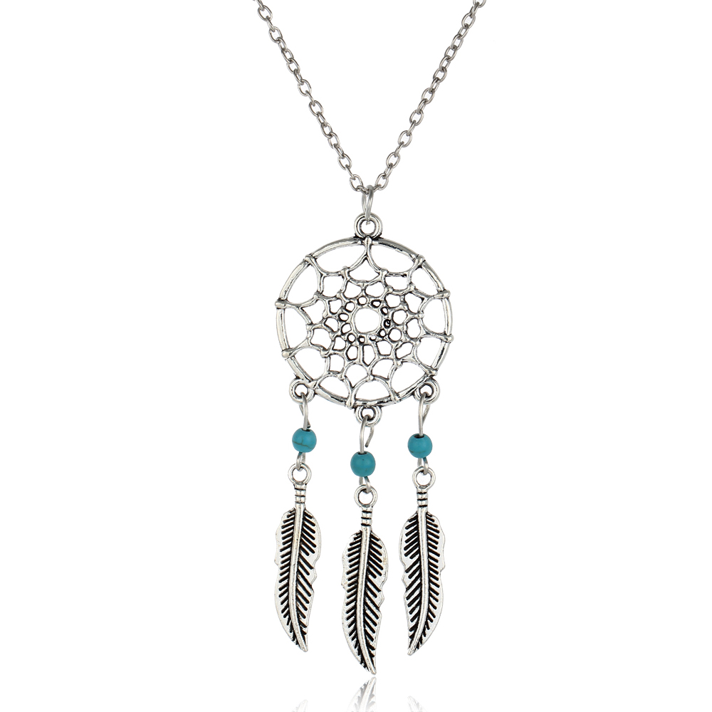Wholesale-Ancient Silver Color Alloy Girl Chian necklaces For Women Vintage Korea Dream Catcher Leaves Pendant Necklace Jewelry collares