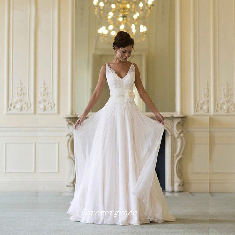 Gothic V Neck Summer Wedding Dress Simple Boho Backless Women Bridal Gown Plus Size Vestido De Noiva Longo