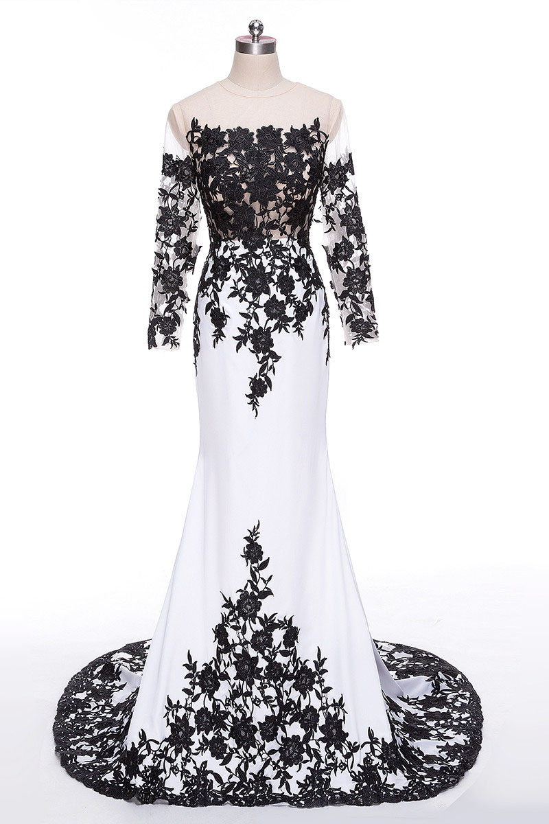Sexy White and Black Evening Dresses Illusion Sheer Neckline Long Sleeves Chiffon Tulle Floral Applique Sweep Train Prom Dress Plus Size