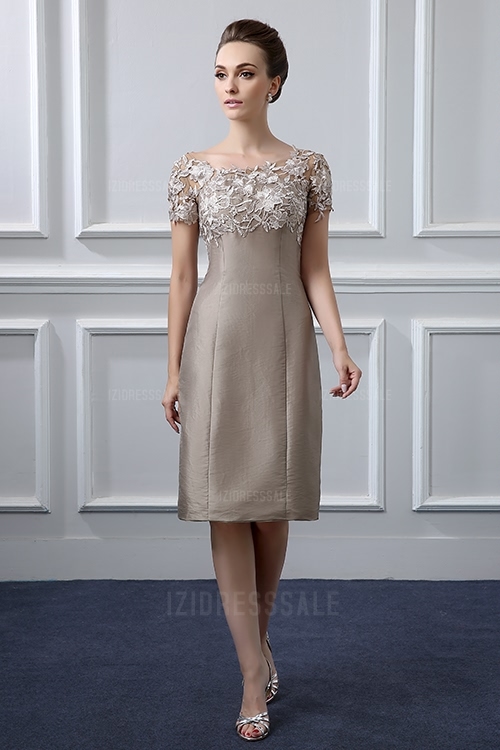 Two Piece Mother of the Bride Dresses With Jacket Taffeta Lace Applique Bead Sheath Knee-Length Mother Of The Groom Dress Wedding Guest Gown