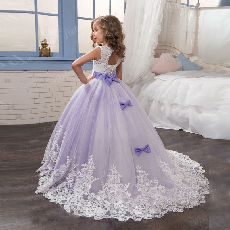 Princess Lilac Little Bride Long Flower Girls Dresses for Girls 2017 Puffy Tulle Prom Dress Children Graduation Gown