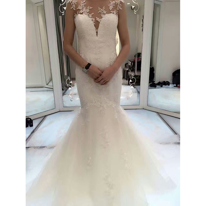 Sexy Mermaid Wedding Dresses Spring Berta Sheer Neck Lace Applique Tulle Backless Chapel Train Wedding Bridal Gowns Real Image Vestidos