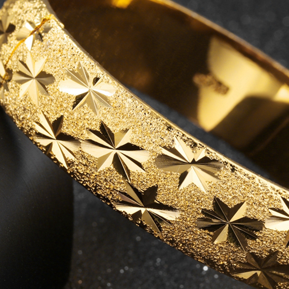 Thick Wedding Bangle 18K Yellow Gold Filled Womens Bangle Bracelet Carved Star Solid Jewelry Diameter 6cm,15mm Wide
