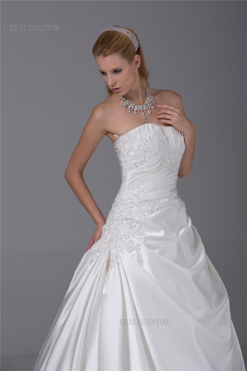 newest elegant strapless satin wedding dresses aline embroidery appliques beaded plus size wedding party bridal gowns bm45