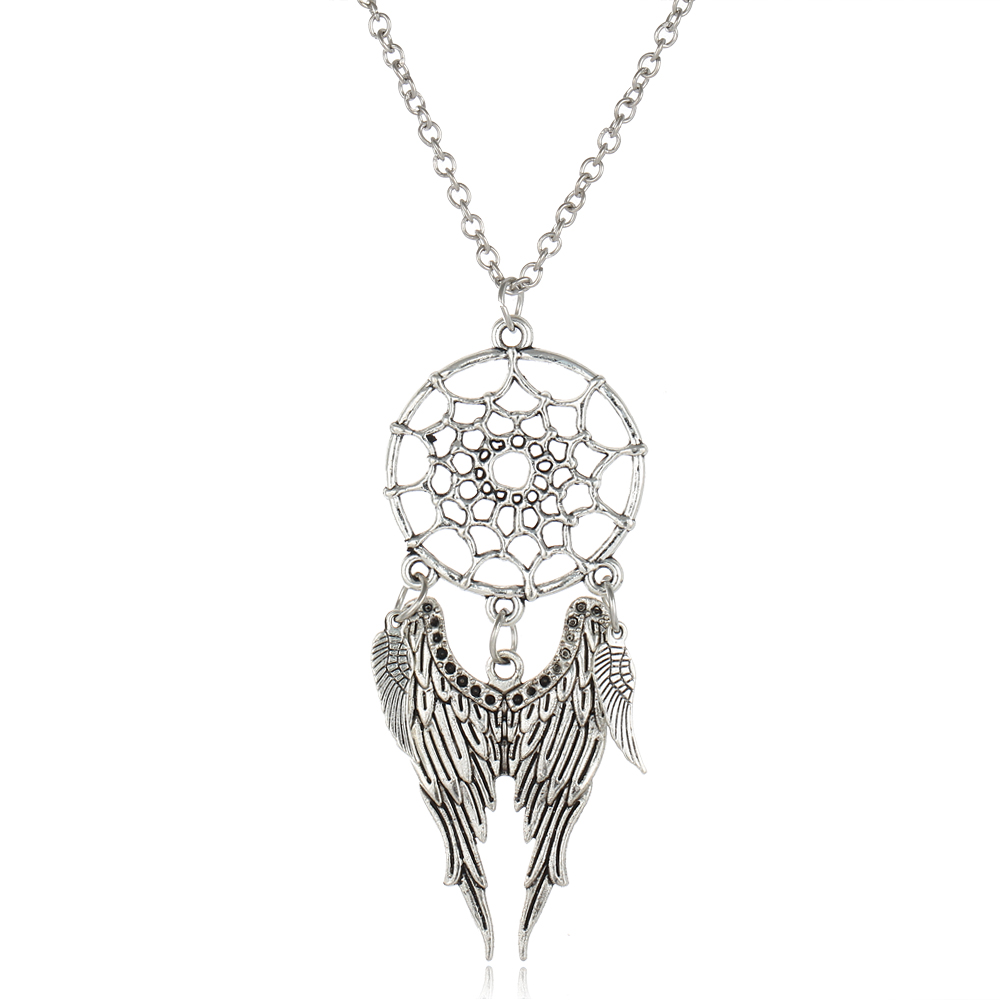 Wholesale-Ancient Silver Color Alloy Girl Chian necklaces For Women Vintage Korea Dream Catcher Leaves Pendant Necklace Jewelry collares